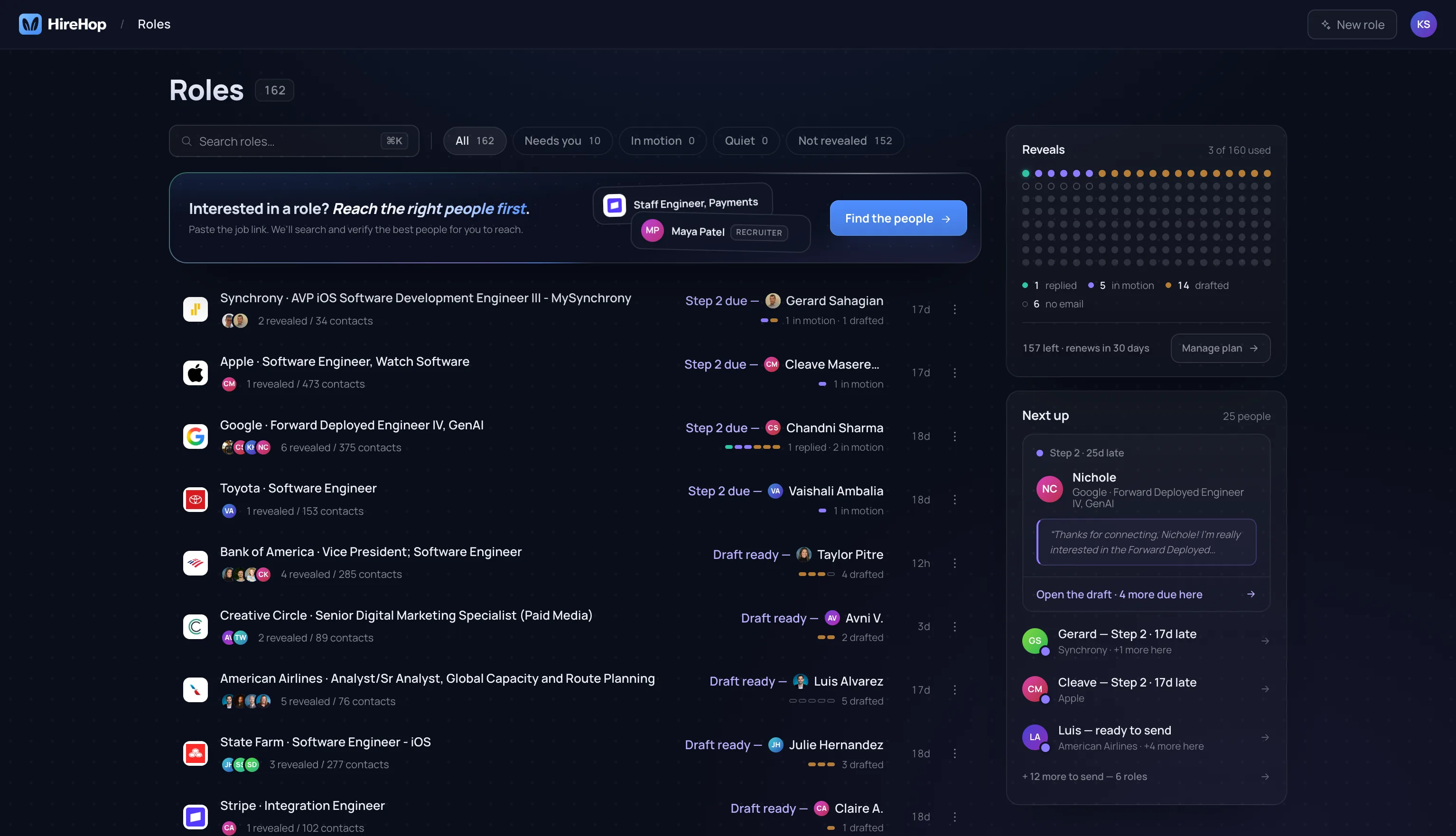 The HireHop app in dark mode: a board of saved roles, how many people are revealed in each, and whose message is due next.